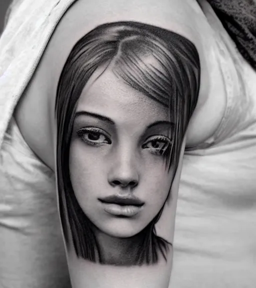 Image similar to a beautiful girl portrait, faded mountain background, realism tattoo, in the style of den yakovlev, black and white, hyper realistic, highly detailed