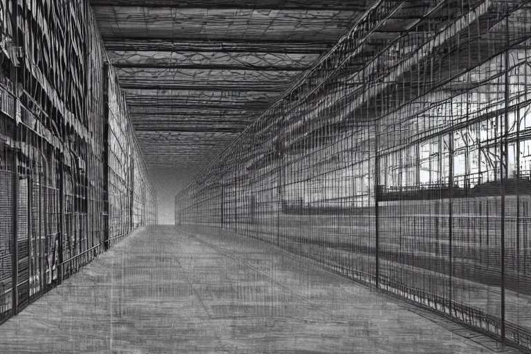 Prompt: very empty very dark cargo hall and large corridors of huge huge space ship containing rows of cages with strange animals ultra detailed photorealistic rendering chiaroscuro painting