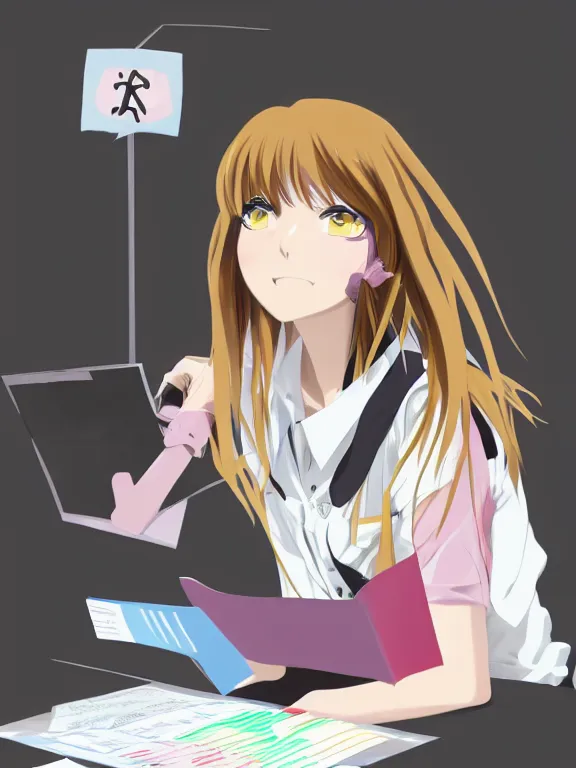 Prompt: Anime girl filing her taxes, trending on DeviantArt, face enhance, full of colour,