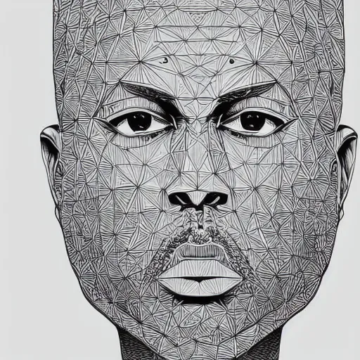 Image similar to Geometrically surreal Kanye, extremely high detail, photorealistic, intricate line drawings, dotart, album art in the style of James Jean