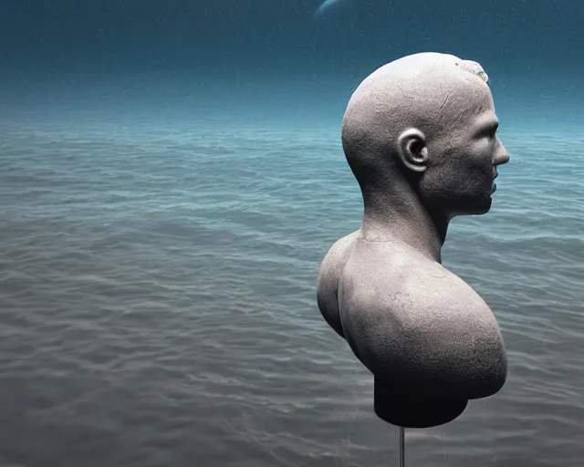 Image similar to a sculpture of a human head in space on the surface of the ocean, in the style of chad knight, hyper - realistic, very detailed, realistic water, ray tracing, 8 k resolution, long - shot, sharp focus, low angle, 8 5 mm photograph, wide lens