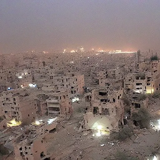 Image similar to pictures of bombed city in Syria at night, fire bombs nuke