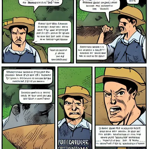 Image similar to comic book page of a farmer yelling, speech bubble with text