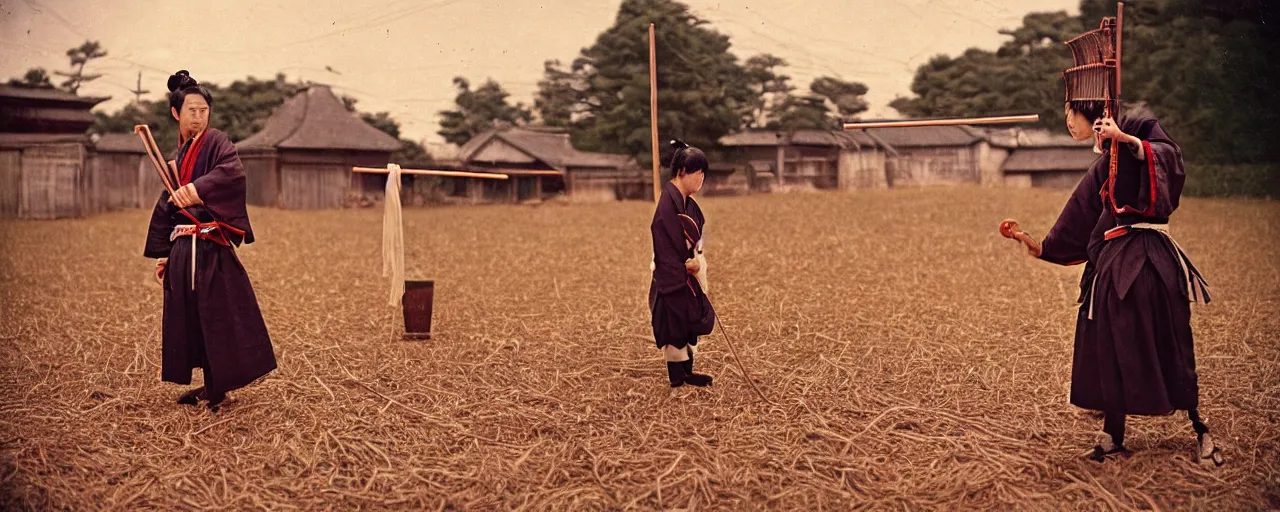 Prompt: 1 8 0 0 s japanese samurai cutting through spaghetti, rural, in the style of diane arbus, canon 5 0 mm, wes anderson, kodachrome, retro