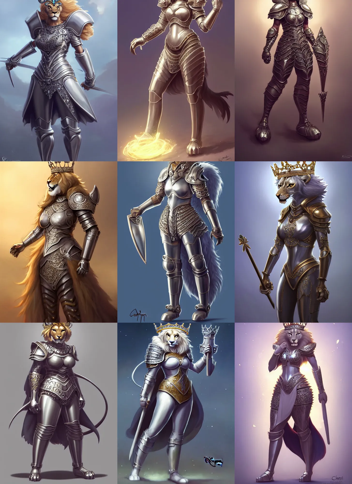 Prompt: beautiful full body portrait of a strong female anthropomorphic lioness fursona queen wearing curvy silver ornate plate armor and a crown. character design by disney, anime, manga, charlie bowater, ross tran, artgerm, and makoto shinkai, detailed, soft lighting, rendered in octane