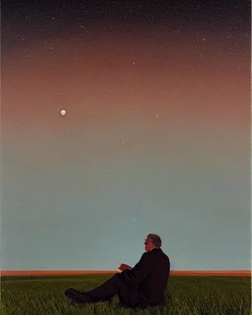 Image similar to man sitting in a huge field star filled night sky, by bo bartlett, wide angle, surreal