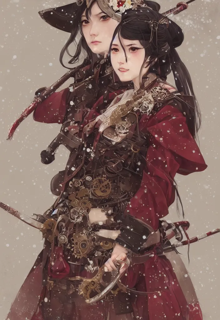 Image similar to detailed portrait of steampunk girl samurai with tachi and cross bow combat pose in snow forest sakura cherry blossom swan hakama kimono trending on artstation elite, elegant, luxury, by krenz cushart greg rutkowski alexandros, perfect face, fine details, realistic shaded, fine - face, pretty face