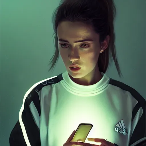 Image similar to portrait of attractive slav heroine wearing an addidas tracksuit with a phone in hand. illuminated phone screen, by greg rutkowski and wlop, detailed, cinematic, 8 k, intricate, rule of thirds.