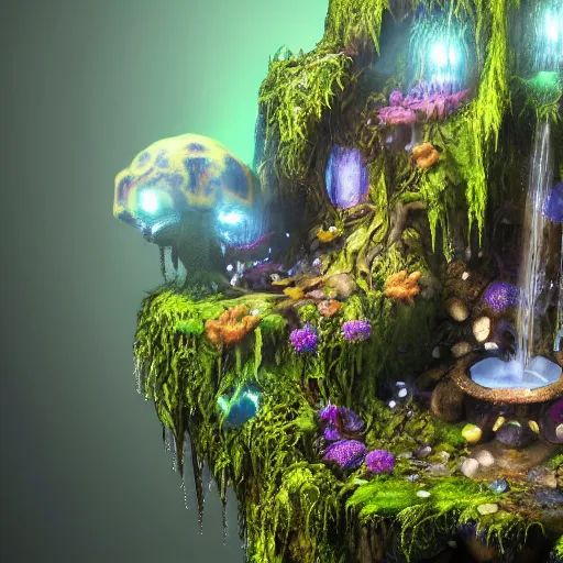 Prompt: mythical gigantic space cavern, ultra realist 3 d render curiosities carnival pond vegetation rocks mushrooms and tentacles covered moss, luminescent wisps, stunning waterfall, accurate features, focus, very intricate ultrafine details, random volumetric lighting, fog, award winning masterpiece, octane render 8 k hd, artstation