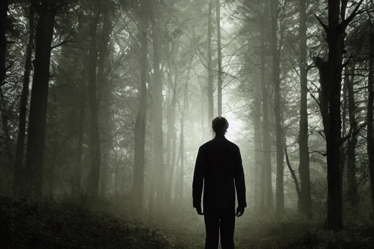 Prompt: an ultra realistic cinematic portrait of a skinny evil male scientist, stood in a forest, fog, detailed, backlight, deep focus, movie still, moody lighting, by werner herzog