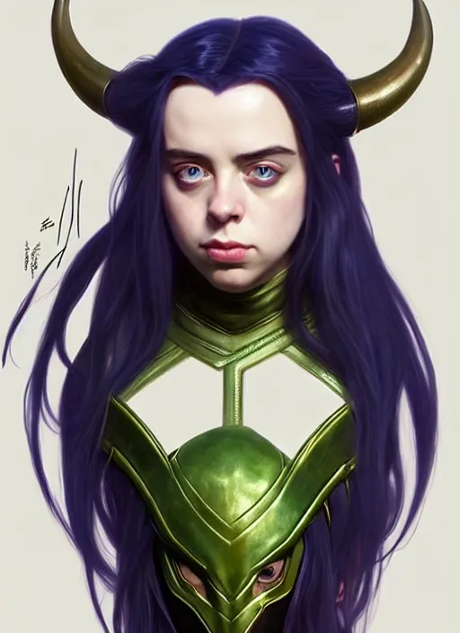 Image similar to Billie Eilish as Female Loki, very detailed, digital art, trending on artstation, concept art, smooth, illustration, art by artgerm and greg rutkowski and alphonse mucha and J. C. Leyendecker and Edmund Blair Leighton and Katsuhiro Otomo and Geof Darrow and Phil hale and Ashley wood