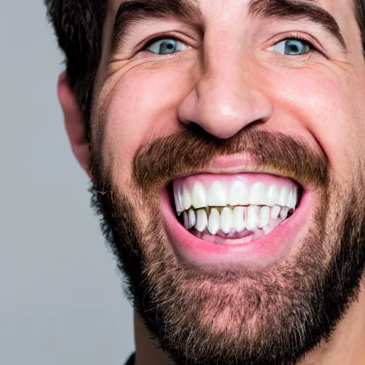 Prompt: a high-quality studio portrait of Ross Geller, his teeth glowing white, 90mm, f/1.4