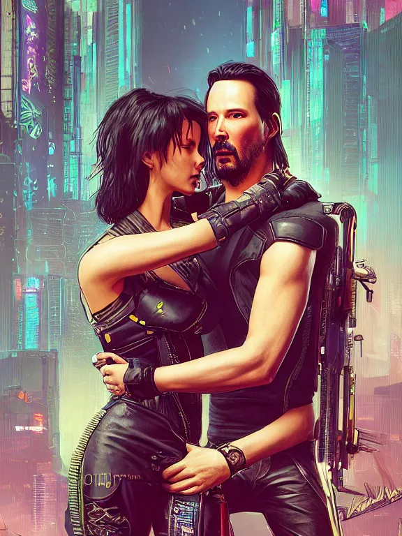 Prompt: a cyberpunk 2077 couple portrait of Keanu Reeves and V, ,love story,film lighting,by laurie greasley,Lawrence Alma-Tadema,William Morris,Dan Mumford,trending on atrstation,FAN ART,full of color,Digital painting,face enhance,highly detailed,8K, octane,golden ratio,cinematic lighting