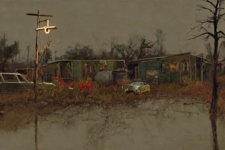 Image similar to scene fromlouisiana swamps, old protestant church with neon cross, junkyard by the road, boy scout troop, voodoo artwork by tim eitel