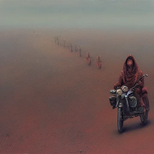 Image similar to lone apocalyptic traveler on a motorcycle riding through new york, highly detailed beksinski painting