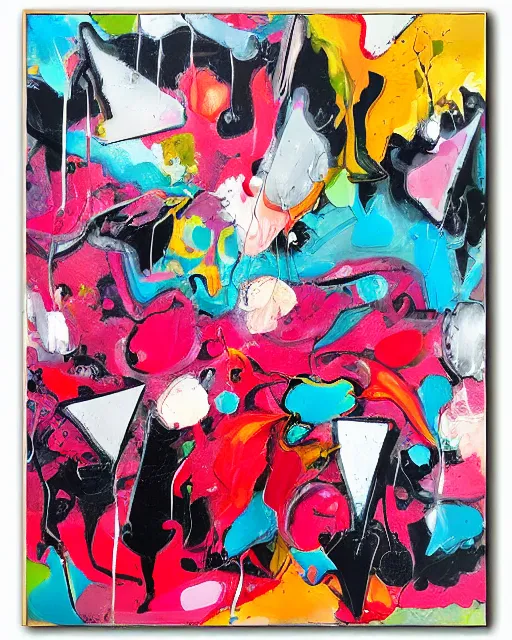 Image similar to abstract expressionist painting, paint drips, acrylic, wildstyle, clear shapes, maximalism, smeared flowers, large triangular shapes