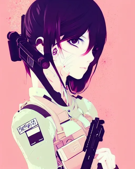 Image similar to girl with tactical gear, very anime!!! anime!! intricate details, aesthetically pleasing pastel colors, poster background, aesthetic details, art by conrad roset and ilya kuvshinov