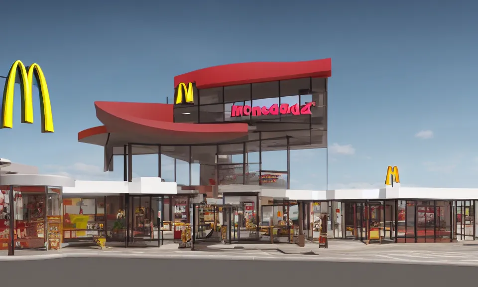 Image similar to exterior shot of a mcdonalds, abstract architecture, archviz, render, highly detailed, 4 k, surrealistic, ultra realism