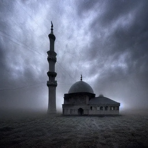 Image similar to a big mosque in a Village, horror, fog, foster, highly detailed, one house, fear, dark inside, dark mammatus cloud,hyper realistic, atmospheric lighting, beksinski