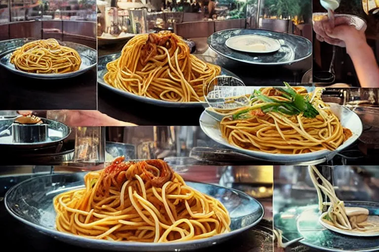 Image similar to magical restaurant serving tentacle-spaghetti to wizards