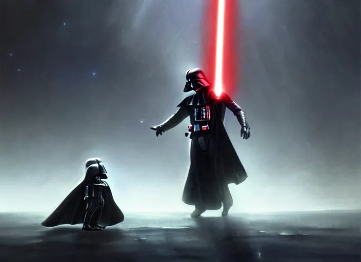 Image similar to a dramatic highly detailed render of darth vader with lightsaber drawn facing off against a cute baby, futuristic star wars vibe, by WLOP and Artgerm and Greg Rutkowski and Alphonse Mucha, Beautiful dynamic dramatic dark moody lighting, shadows, cinematic atmosphere, Artstation, concept design art, Octane render, 8K, masterpiece, sharp focus, hyperrealistic