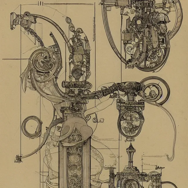 Image similar to detailed, intricate technical drawings on parchment from 1 8 4 0, with labels and notes, for a beautiful, symmetric, art nouveau robotic arm holding a paintbrush, by ron cobb and alphonse mucha