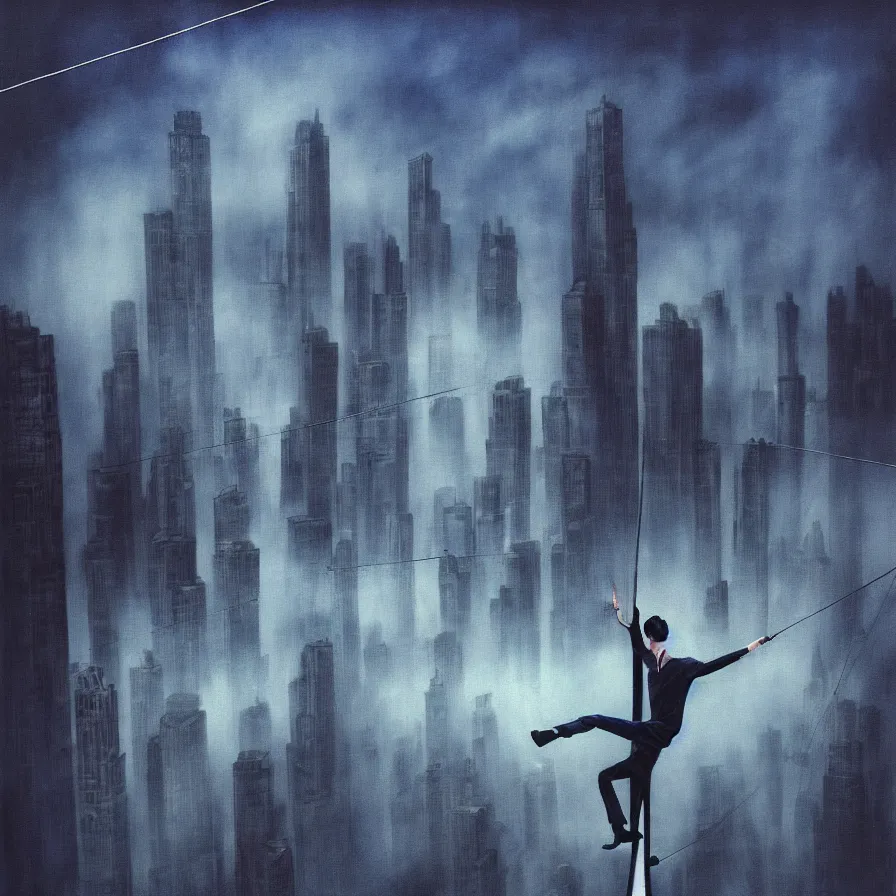 Prompt: metaphysical surrealism artwork of a tightrope walker accidentally falling down into a city full misty skyscrapers surrounded by dark stormy clouds. black, dark blue and indigo colour scheme.