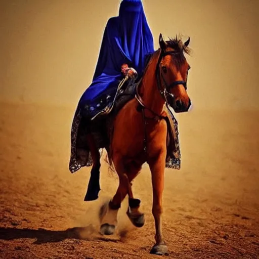Prompt: burqa's woman, ride horse, taliban, riffle on chest, dust, cinematic, beautiful, dynamic pose, pinterest