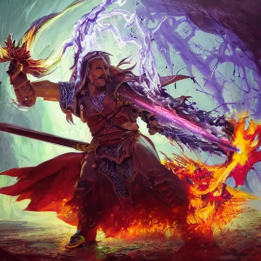 Image similar to A highly detailed oil painting concept art of a sorcerer casting an acid splash spell against a fighter wielding a greatsword, highly detailed concept art.