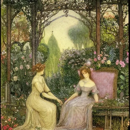 Prompt: the enchanted garden of messer ansaldo by marie spartali stillman