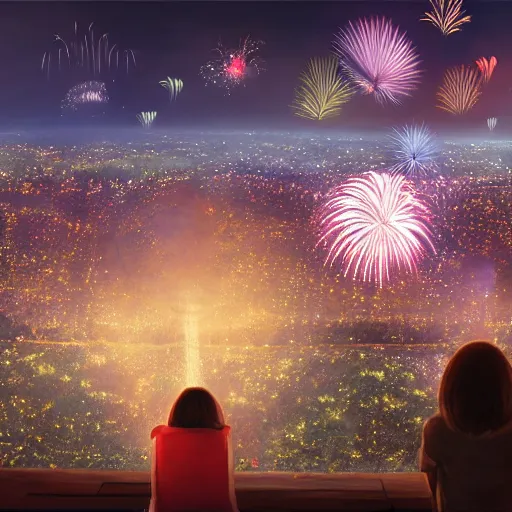 Image similar to girl watching watching fireworks on a hill, digital art, by ben weiner, richard estes, range murata, akiyuki shinbou, yoshitaka amano, wlop, highly detailed, realistic, cinematic, bold colours, photorealism, 4 k, wide angle lens, trending on artstation, artgerm