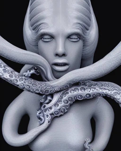 Image similar to a shiny ceramic beautiful woman, with octopus tentacles for hair, 3 d render, by alex gray and android jones, 8 k resolution, digital art, sigma 8 5 mm f / 1. 4