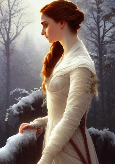 Image similar to sansa emma watson snow, intricate, elegant, highly detailed, digital painting, artstation, concept art, smooth, sharp focus, illustration, art by artgerm and greg rutkowski and alphonse mucha and william - adolphe bouguereau