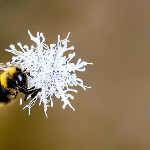 Image similar to a bee finding a beautiful flower made of snowflakes in antarctica, only snow i the background, beautiful macro photography, ambient light