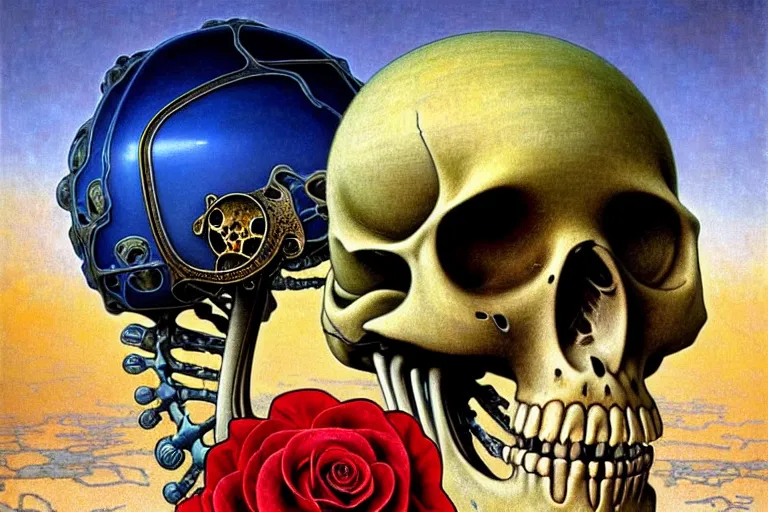 Image similar to realistic detailed portrait painting of a skeleton with a single rose wearing sci-fi helmet in a dystopian desert by Jean Delville, Amano, Yves Tanguy, Alphonse Mucha, Ernst Haeckel, Edward Robert Hughes, Roger Dean, rich moody colours, blue eyes