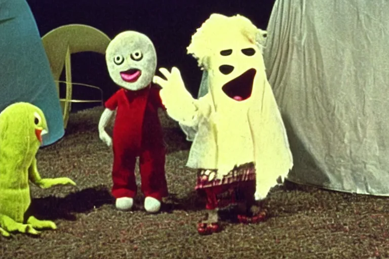 Image similar to a color still from a weird 1972 kids tv show where a sad cheese puppet and a furry ghost have a tickle party with death tent