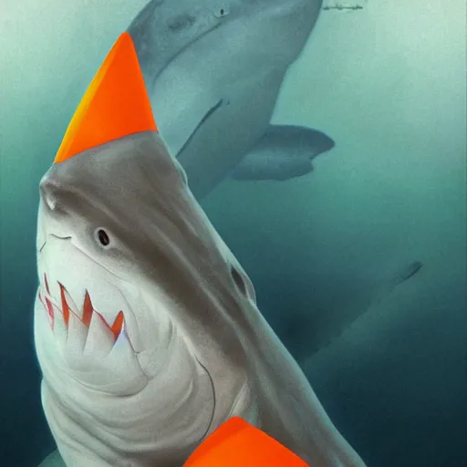 Image similar to great white shark, side view, with a conical orange traffic cone on its dorsal fin - ron cheng & alphonse mucha, highly detailed, digital painting, ray tracing, concept art, illustration, smooth sharp focus, intricate, symmetry, artstation,