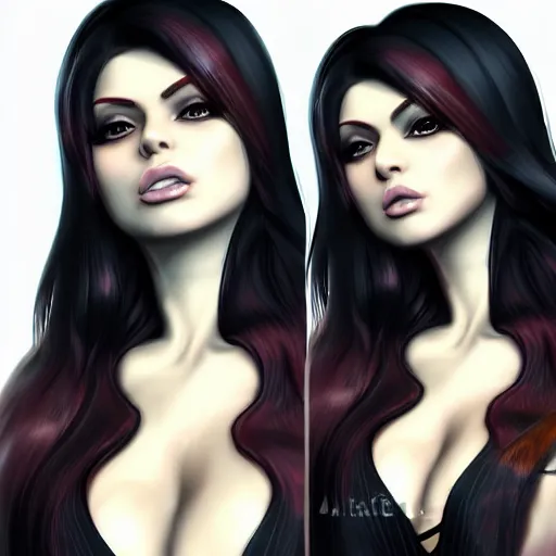 Image similar to portait of haifa wehbe, long hair centred, hd, very detailed curve, unreal engine, mikasa ackerman style, amazing background, rending artstation