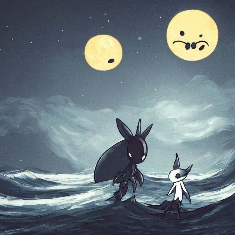 Image similar to cute creature looking at the sea with a red moon reflecting in the waves, night, low angle, in the style of Hollow Knight