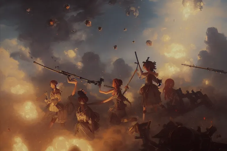 Image similar to baroque oil painting of anime key visual concept art of anime maids using artillery firing at enemy lines, smoke debris, grimdark steampunk fantasy, pleasant battlefield, trending on artstation, brush strokes, oil on canvas, style of makoto shinkai and greg rutkowski and studio ghibli