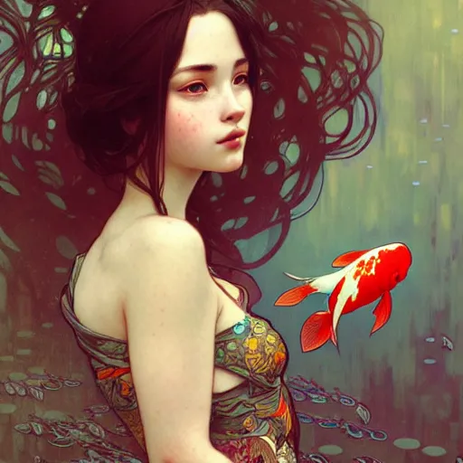 Image similar to Portrait of a girl surrounded by Koi fish, face, fantasy, intricate, elegant, highly detailed, digital painting, artstation, concept art, smooth, sharp focus, illustration, art by Krenz Cushart and Artem Demura and alphonse mucha