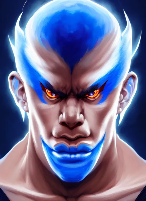 Image similar to symmetry!! portrait of blue akuma, street fighter, global illumination!! intricate, elegant, highly detailed, digital painting, artstation, concept art, smooth, sharp focus, illustration, art by artgerm and greg rutkowski and alphonse mucha