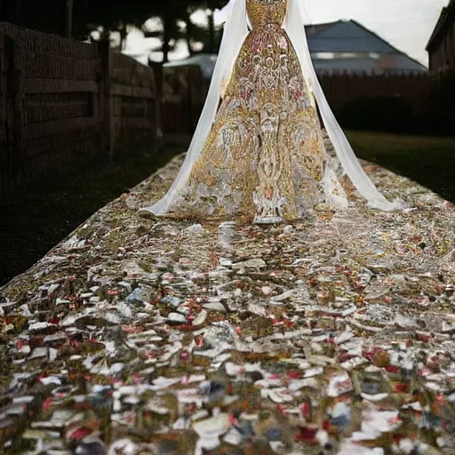 Image similar to a long wedding dress with a train made of flower petals made of light - colored fabric. transparent in places. in places, patterns of precious stones. intricate patterns of gold thin threads. fantasy. clear details