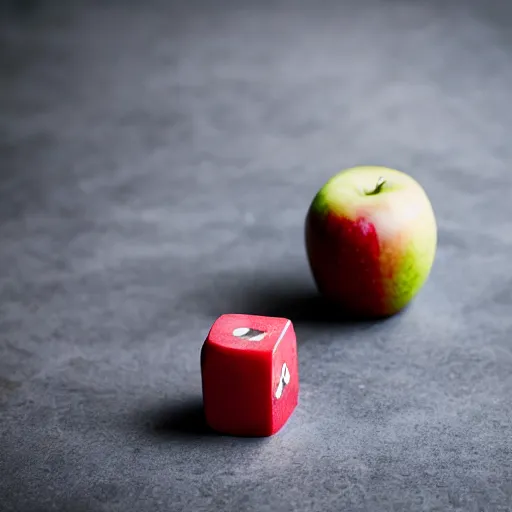 Prompt: dlsr food photograph of an apple shaped as a perfect cube, corners, square, cube, dice, 5 0 mm f 1. 4