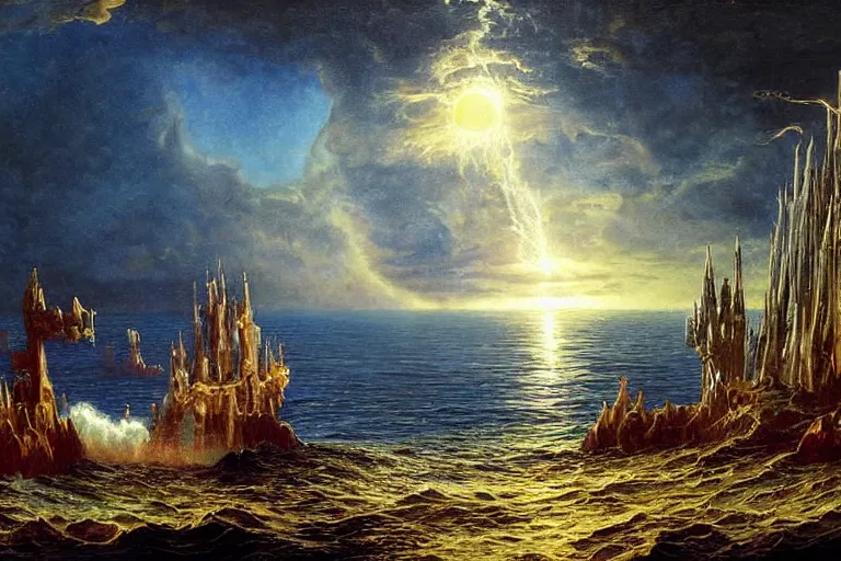 Image similar to miskatonic university big bang seascape in the style of dr. seuss,'harry potter directed by christopher columbus ', painting by albert bierstadt