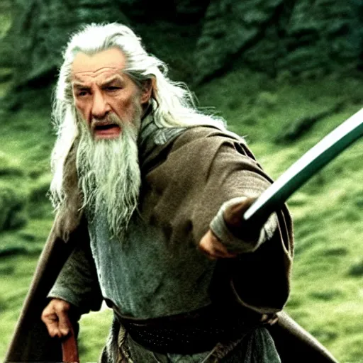 Prompt: Liam Neeson as Gandalf in the fellowship of the ring action sequence battle at Minas Tirith