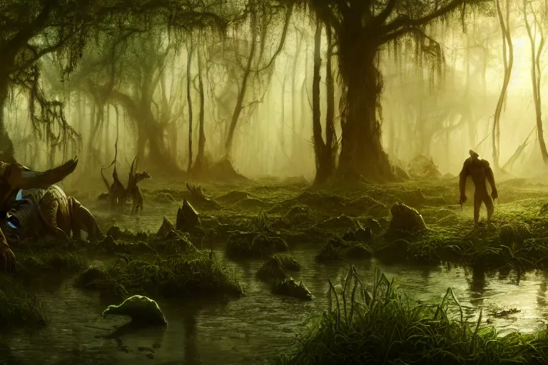 Prompt: colossal beasts walk through a swamp on alien planet, illustration, chaotic, lush, forest soul, mist, elden ring, opalescent night background, colossal, volumetric lighting, soft lighting, soft details, painting oil on canvas by Edmund Blair Leighton and charlie bowater octane render, HDR, trending on artstation, 4k, 8k, HD