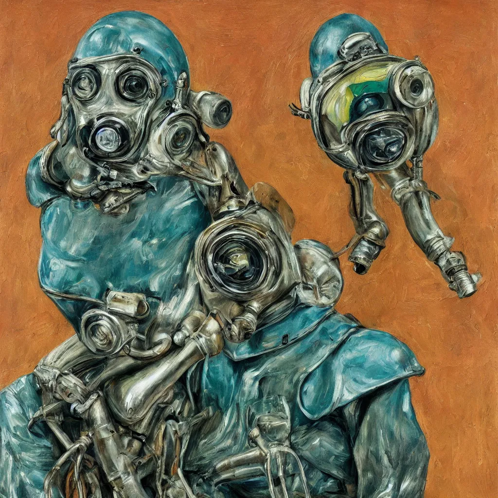 Image similar to high quality high detail painting by lucian freud, jenny savile, scifi soldier with gas mask, turquoise, hd