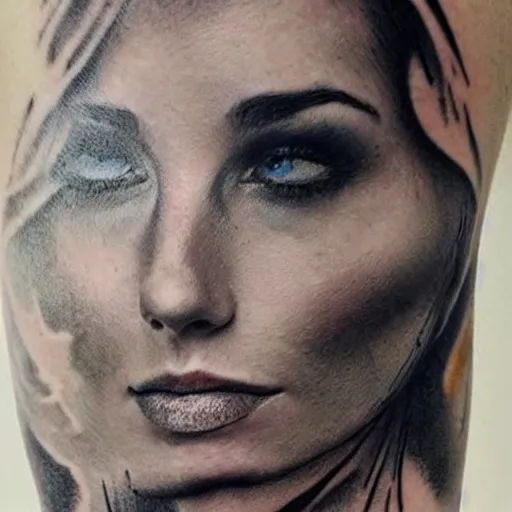 Image similar to realistic tattoo sketch of kate kuray face double exposure effect with a mountain scenery, in the style of matteo pasqualin, amazing detail, sharp