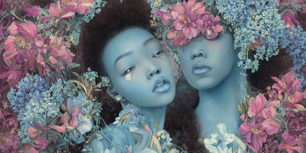 Image similar to breathtaking detailed concept art painting blend of two afroamerican goddess of light blue flowers by hsiao - ron cheng with anxious piercing eyes, vintage illustration pattern with bizarre compositions blend of flowers and fruits and birds by beto val and john james audubon, exquisite detail, extremely moody lighting, 8 k